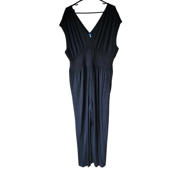 Old Navy Black Jumpsuit Womens Sz XL Stretchy Jersey Double V-neck Tie Back NEW - Picture 1 of 9
